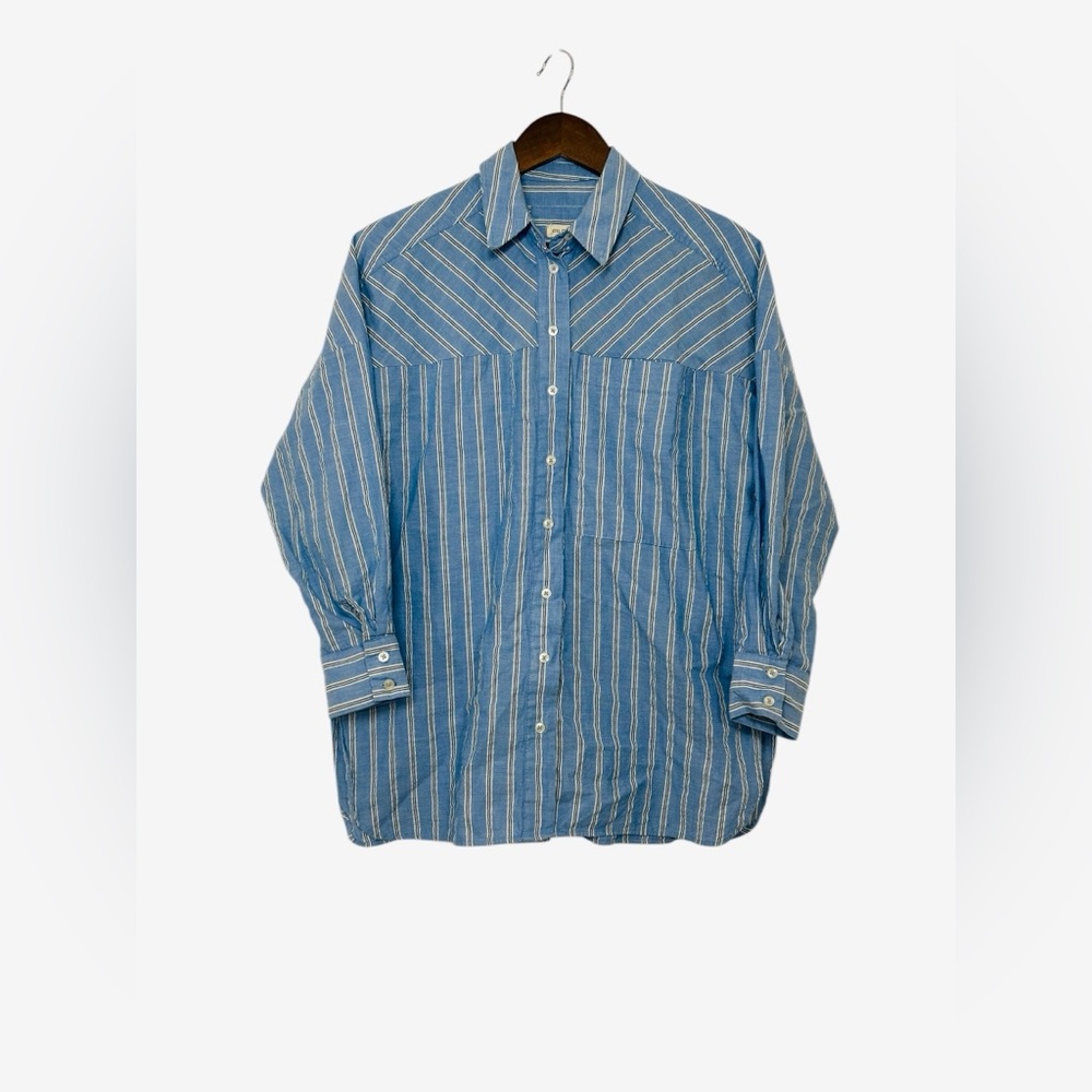 Pilcro Anthropologie Blue White Striped Button Up Shirt 3/4 Sleeve XS Side Slits